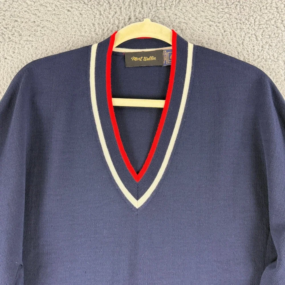 Vintage Mort Wallin Sweater Mens 2XL Navy Wool V Neck Striped Trim Holes Flawed